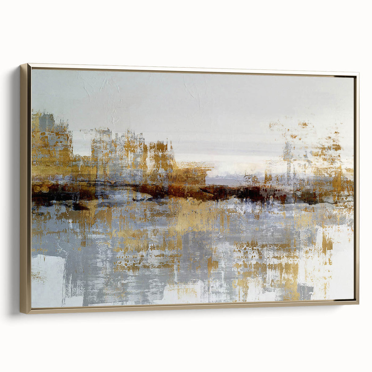 Framed abstract wall art featuring gold strokes and lines on a textured canvas, showcasing an elegant design ideal for modern decor.