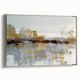 Framed abstract wall art featuring dynamic strokes and lines in silver tones, adding modern elegance to any interior decor.
