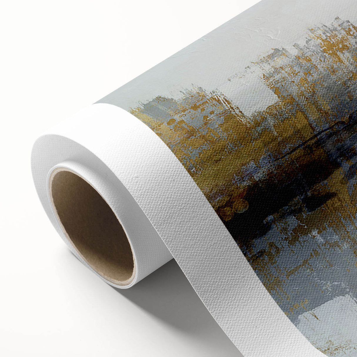 Abstract wall art featuring vibrant strokes and lines in shades of blue, orange, and yellow on rolled canvas, perfect for modern decor.
