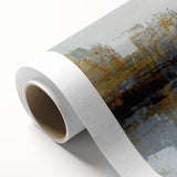 Abstract wall art featuring vibrant strokes and lines in shades of blue, orange, and yellow on rolled canvas, perfect for modern decor.