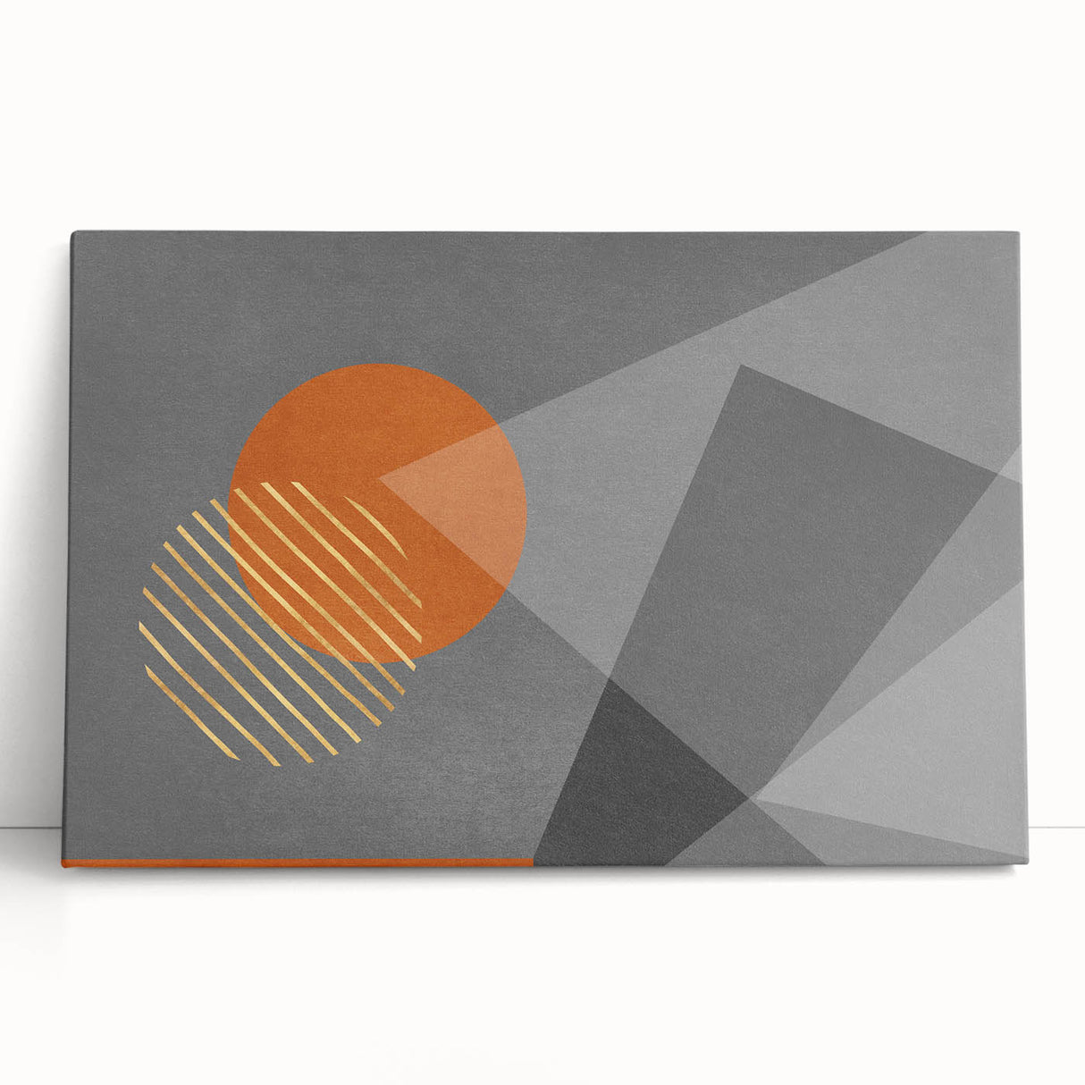 Abstract wall art featuring vibrant strokes and lines in blue, orange, and yellow, elegantly displayed on a stretched canvas against a neutral background.