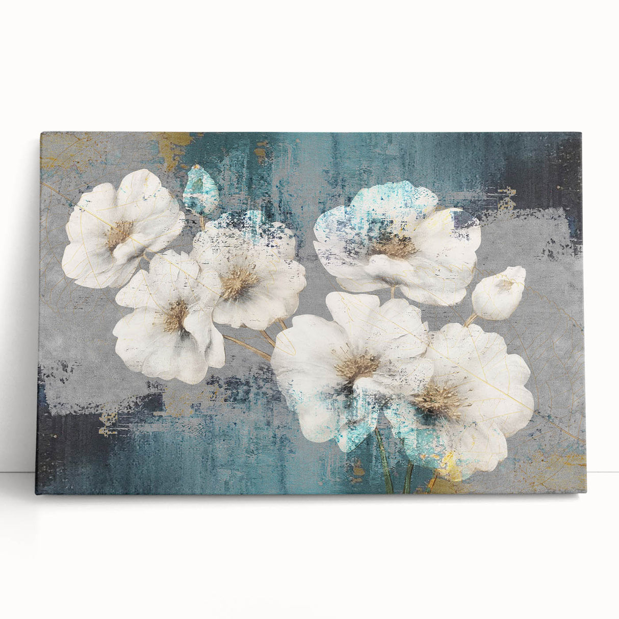 Abstract art canvas featuring vibrant strokes and lines in shades of blue, yellow, and red, leaning against a wall, perfect for modern decor.