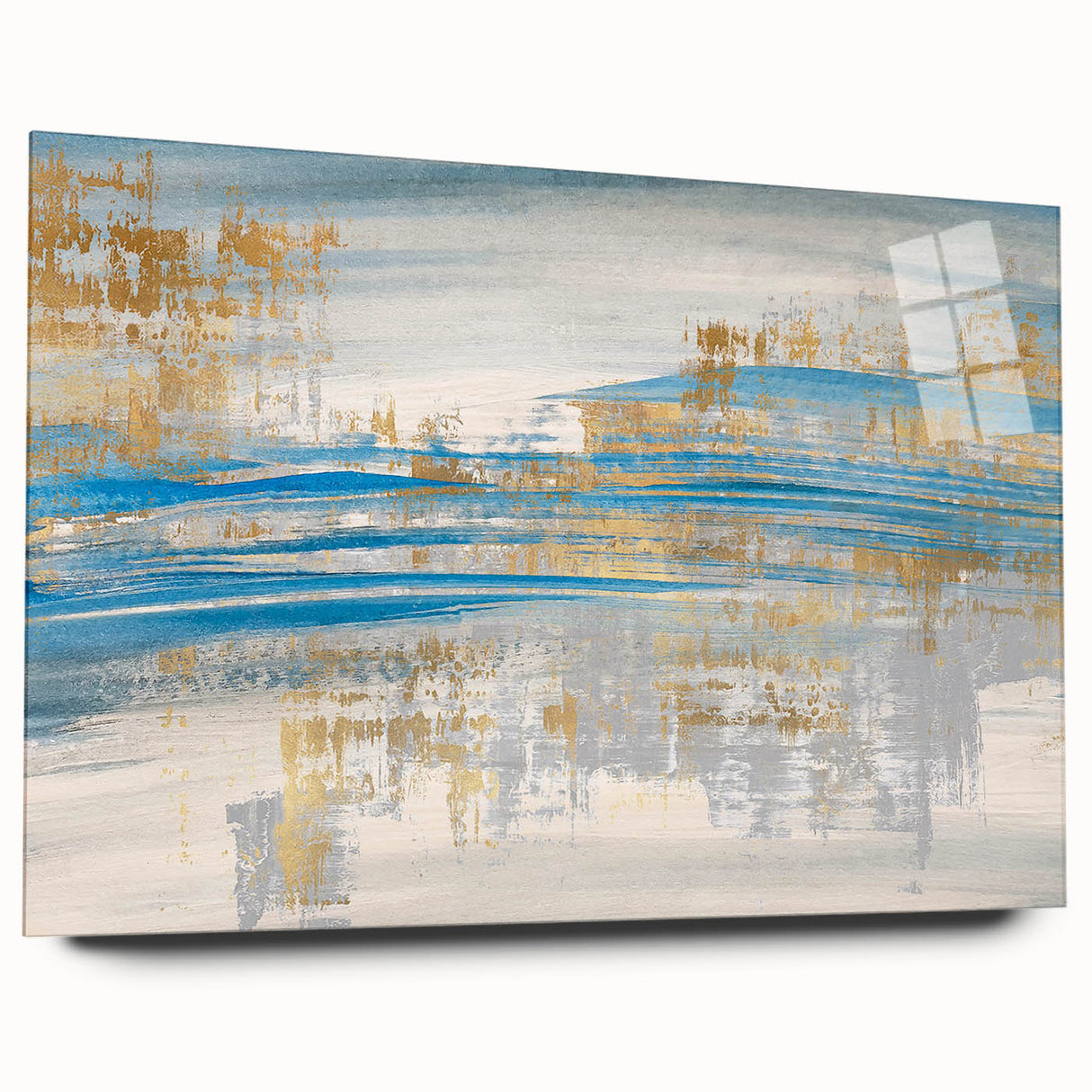Abstract wall art design showcasing colorful strokes and lines on acrylic glass, elegantly displayed from a side view, perfect for modern decor.