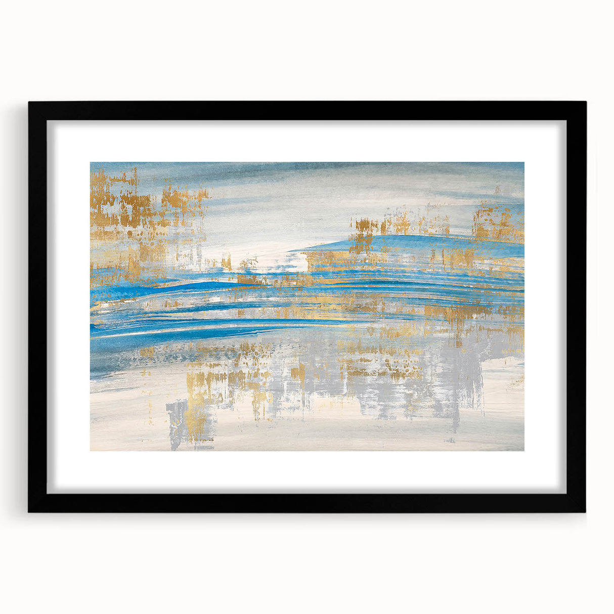 Framed abstract wall art featuring colorful strokes and lines on a textured canvas, set in a sleek black frame, ideal for modern decor.