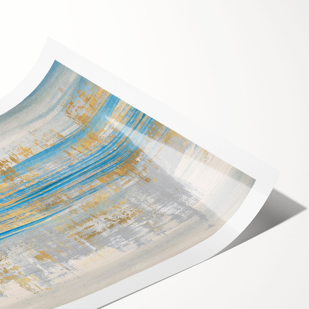 Abstract wall art print showcasing vibrant strokes and lines in shades of blue, orange, and gray, ideal for modern home decor or office spaces.
