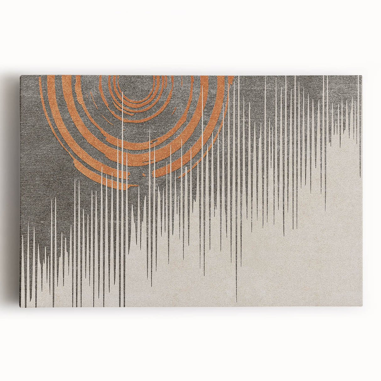 Abstract wall art design showcasing vibrant strokes and lines in shades of blue, orange, and yellow, printed on stretched canvas for modern decor enhancement.