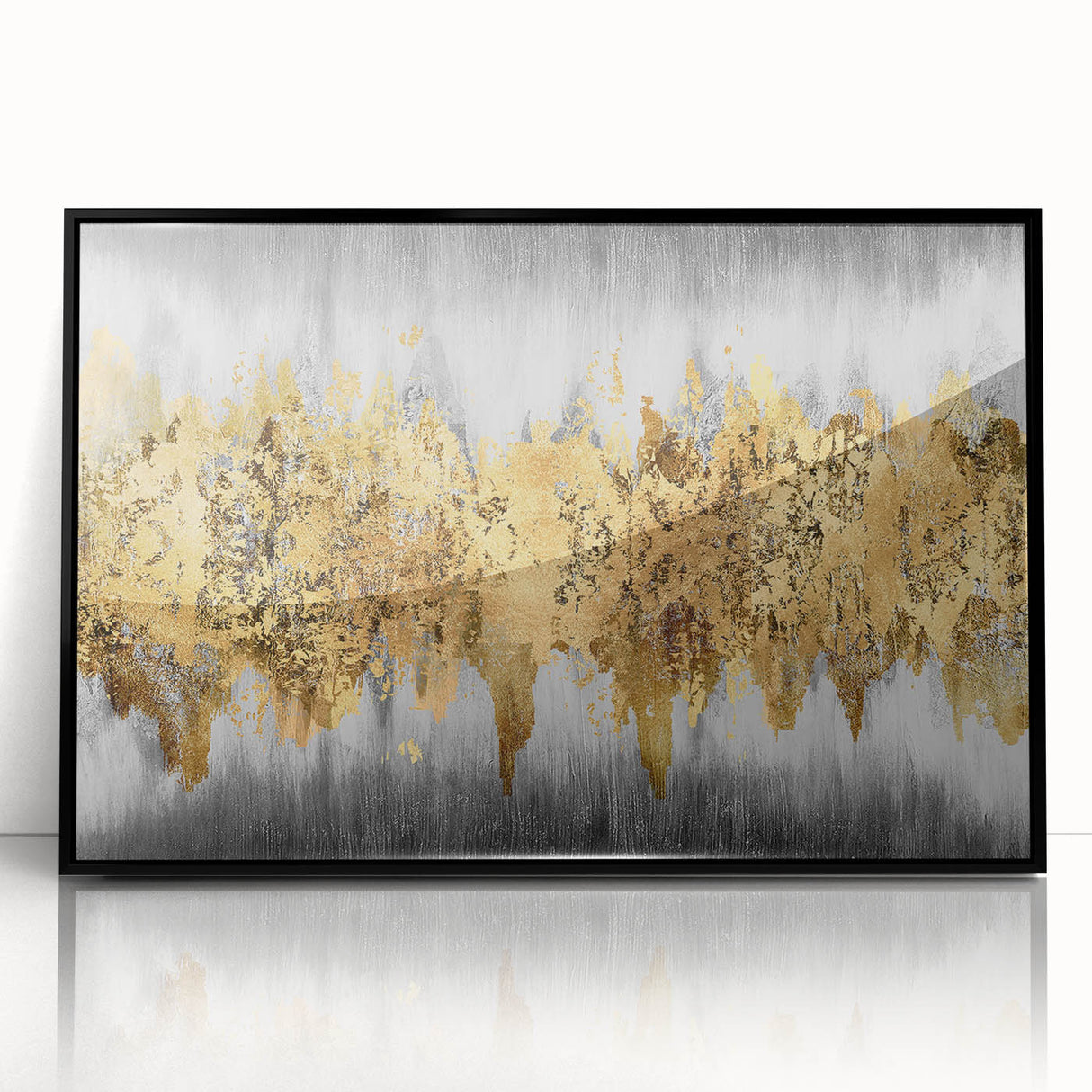 Framed abstract wall art featuring vibrant strokes and lines in shades of black, white, and gold, perfect for modern decor enhancement.