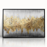 Framed abstract wall art featuring vibrant strokes and lines in shades of black, white, and gold, perfect for modern decor enhancement.