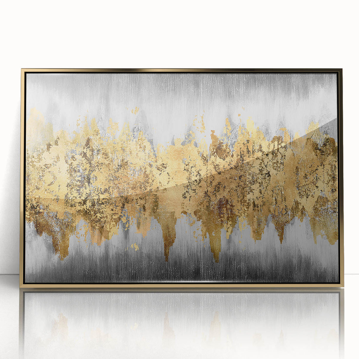 Framed abstract wall art featuring dynamic strokes and lines in gold and neutral tones, perfect for modern home decor and artistic flair.
