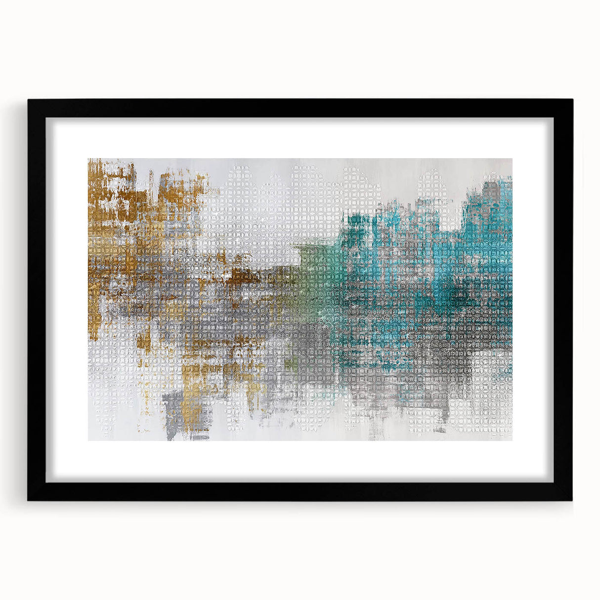 Framed abstract wall art featuring colorful strokes and lines in a modern design, set against a sleek black mat for a sophisticated look.