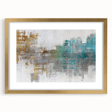 Abstract wall art featuring strokes and lines in gold and neutral tones, elegantly framed with a mat for a modern aesthetic.