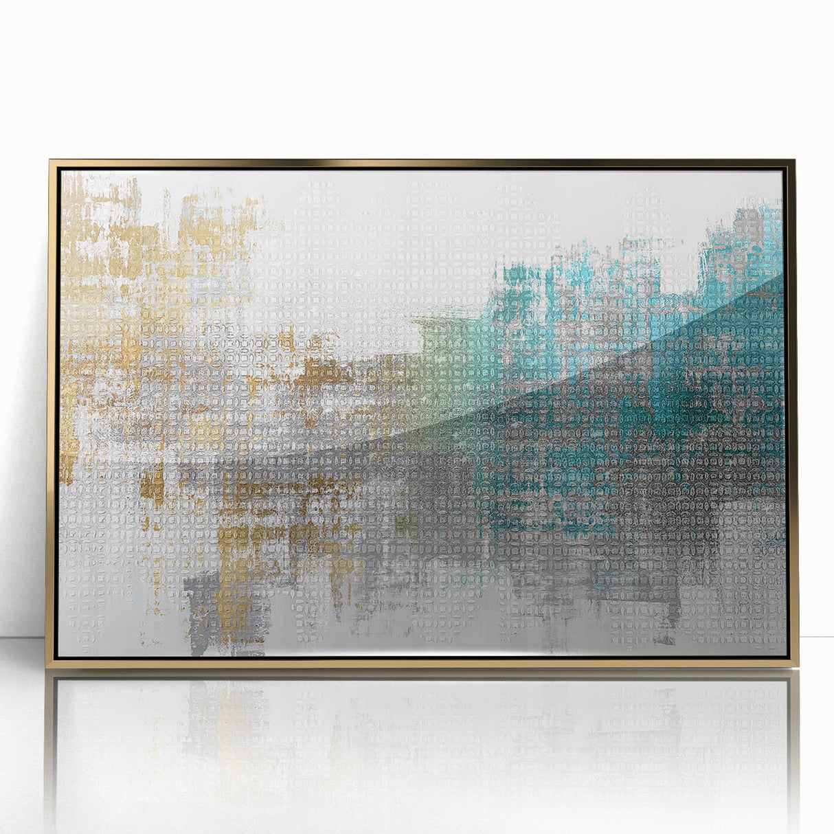 Framed abstract wall art featuring elegant strokes and lines in gold tones, set against a white background for a modern decor accent.