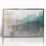 Framed wall art featuring an abstract design of colorful strokes and lines in silver and blue, perfect for modern home decor.