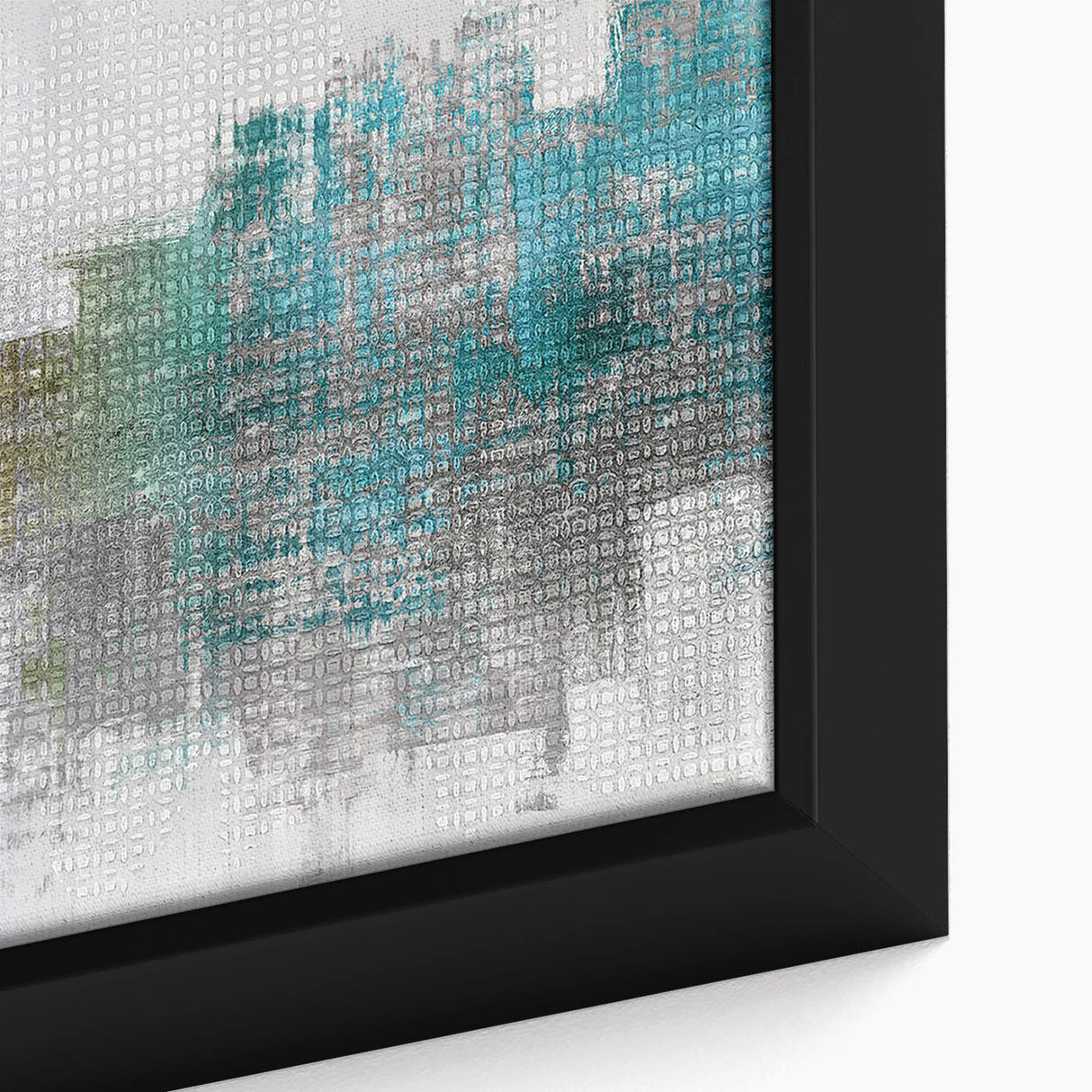 Close-up of a framed abstract wall art piece showcasing vibrant strokes and lines in blue, orange, and gold colors, adding modern flair to decor.