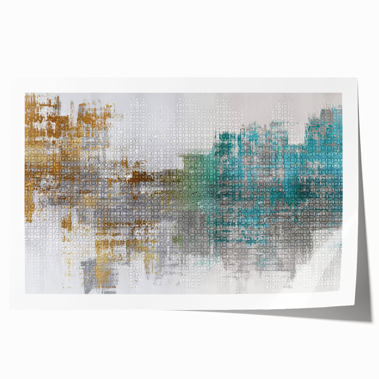Abstract wall art print showcasing vibrant strokes and lines in blue, pink, and gold hues, perfect for modern home decor.