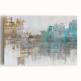 Abstract wall art on stretched canvas showcasing vibrant strokes and lines in shades of blue, yellow, and red, perfect for modern decor.