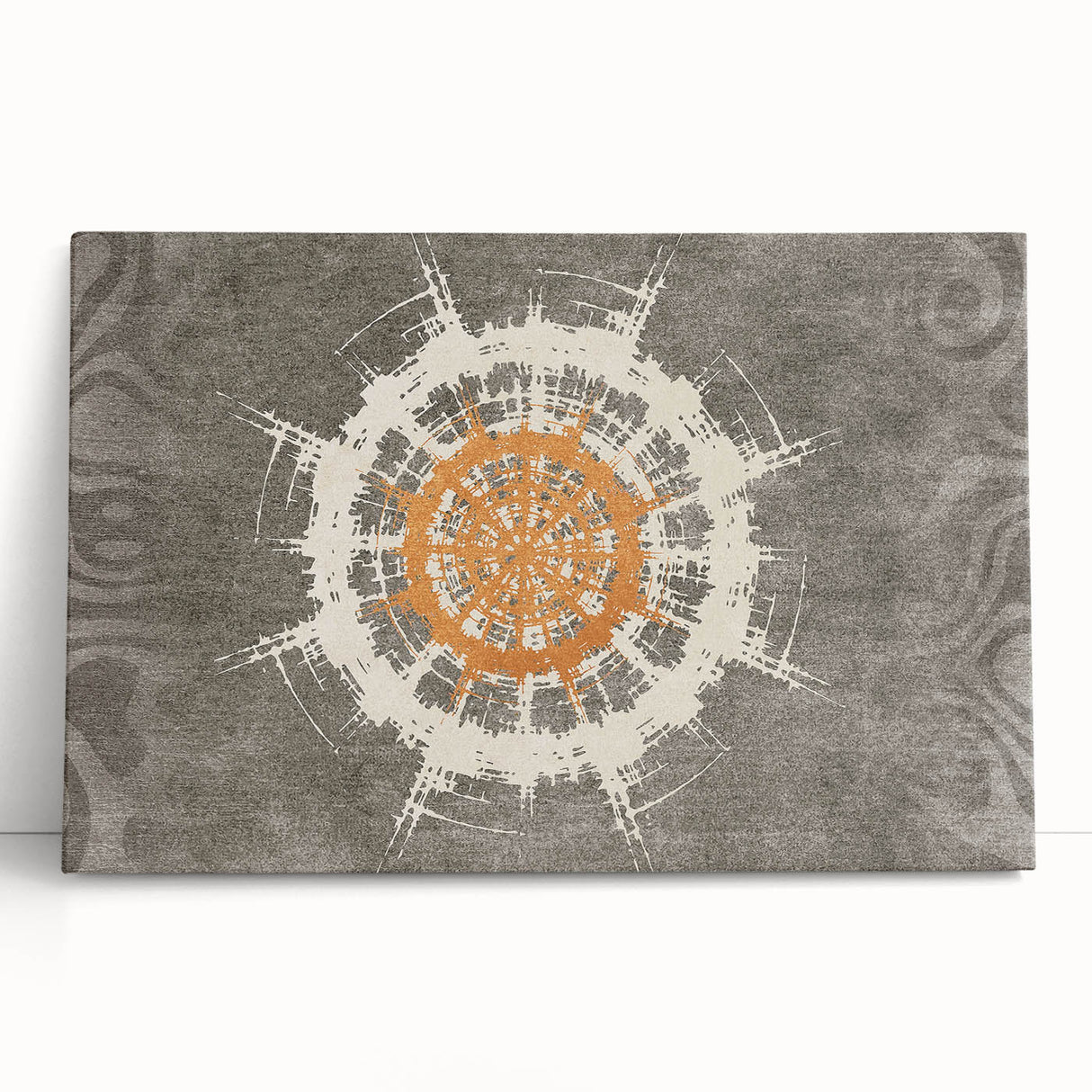 Abstract wall art design on stretched canvas showcasing vibrant strokes and lines in shades of blue, orange, and gold, perfect for modern decor.