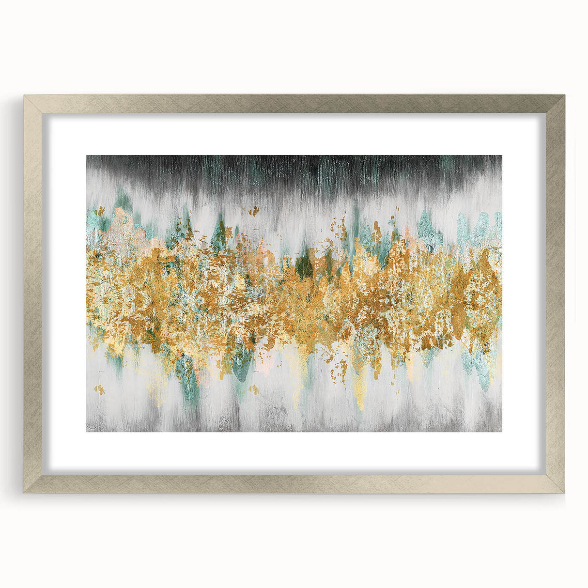 Abstract wall art featuring colorful strokes and lines in a modern design, framed with a silver mat, perfect for contemporary decor.