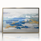 Framed abstract wall art featuring vibrant gold strokes and lines on a textured background, ideal for modern decor enhancement.