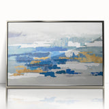 Framed abstract wall art featuring colorful strokes and lines in silver acrylic, adding a modern touch to contemporary home decor.