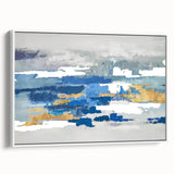 Framed abstract wall art with dynamic strokes and lines in soft pastel colors, displayed in a sleek white frame, perfect for modern decor.