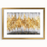 Abstract wall art featuring a collection of gold and cream strokes and lines, elegantly framed with a white mat, perfect for modern decor.
