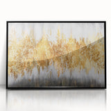 Framed abstract wall art featuring a modern design of colorful strokes and lines in blue, black, and gold, enhancing contemporary decor.
