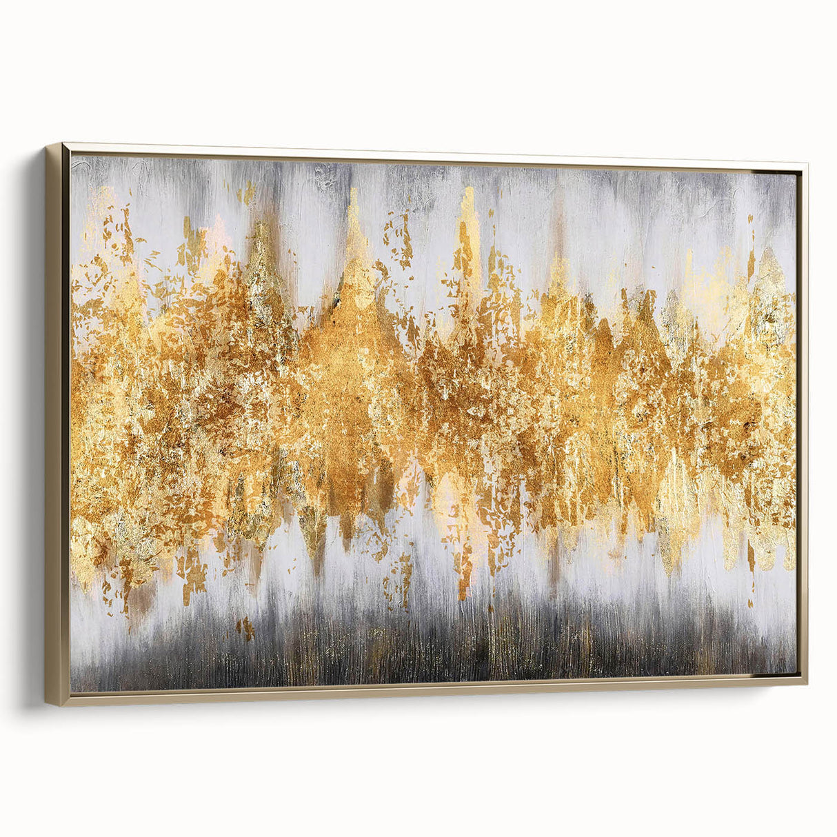 Framed wall art showcasing an abstract design with gold strokes and lines on a textured surface, ideal for modern home decor.