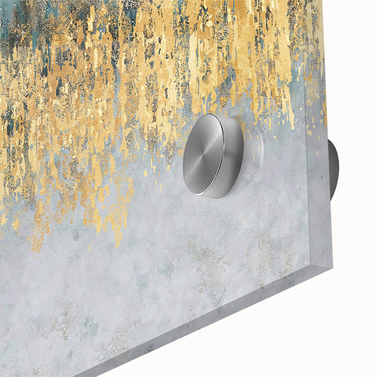 Abstract wall art featuring vibrant strokes and lines in shades of blue, orange, and yellow, printed on acrylic glass, showcasing a modern design ideal for contemporary interior decor.