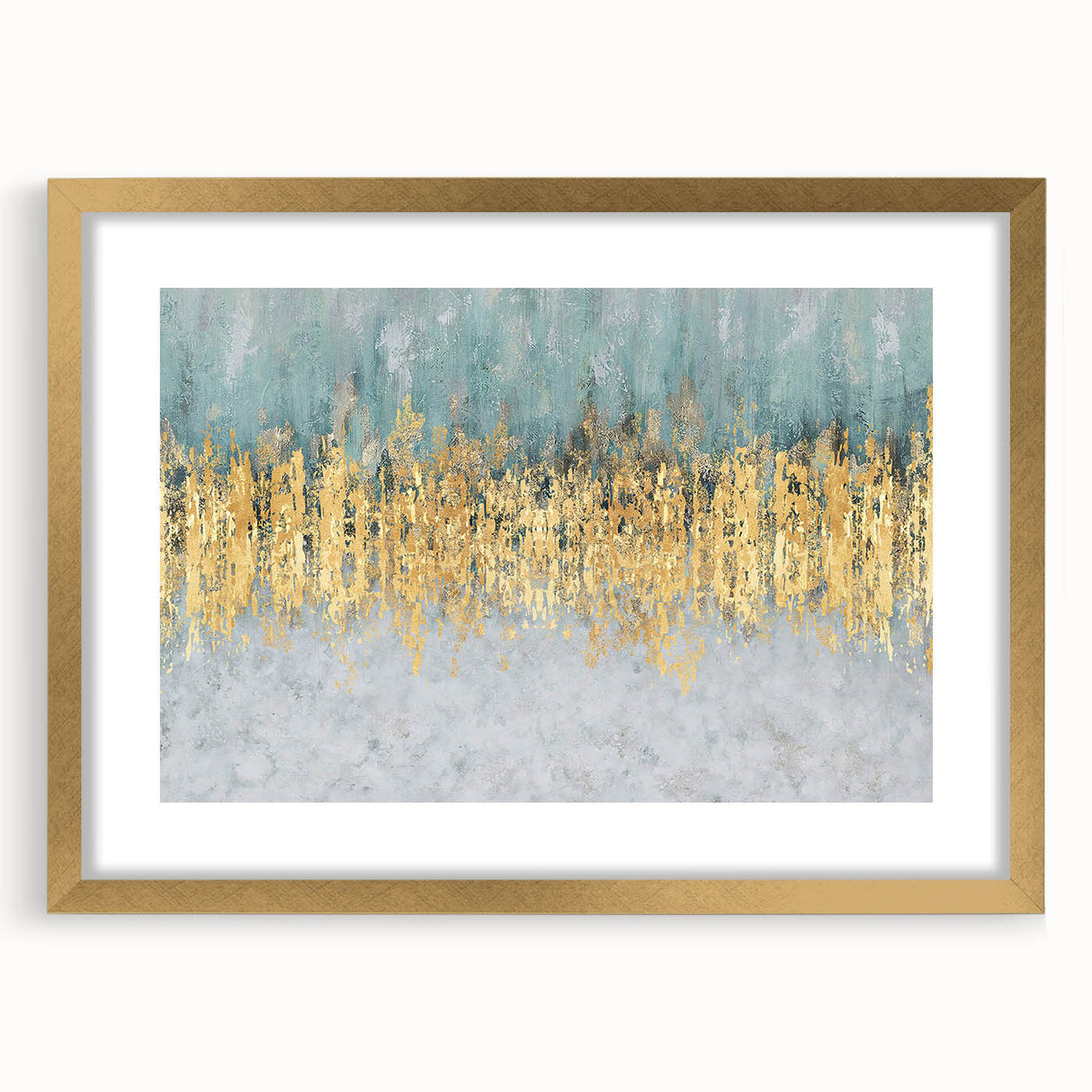 Framed wall art showcasing an abstract design with colorful strokes and lines, featuring a gold mat and sleek frame, perfect for modern decor.