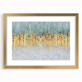 Framed wall art showcasing an abstract design with colorful strokes and lines, featuring a gold mat and sleek frame, perfect for modern decor.