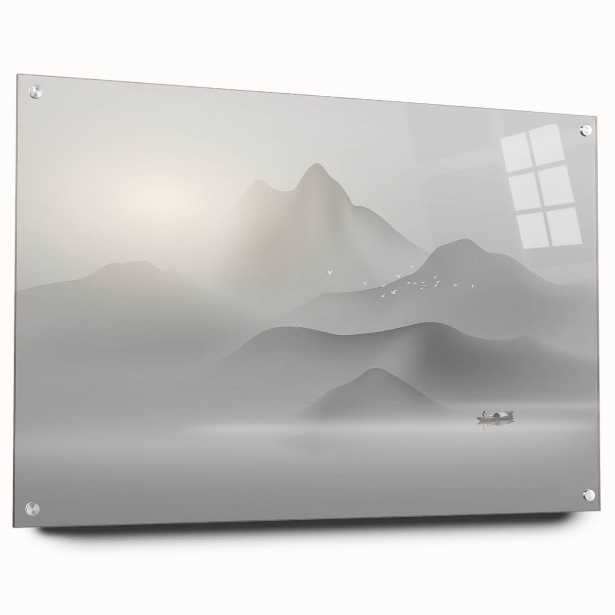 Acrylic glass wall art featuring an abstract design of colorful strokes and lines, displayed from a side view with pins for mounting.