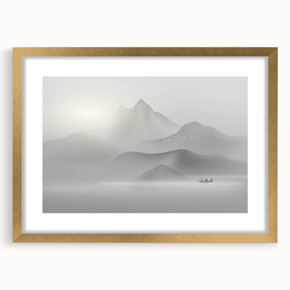 Abstract wall art design showcasing bold strokes and lines in gold and neutral tones, elegantly framed with a white mat, perfect for modern decor.