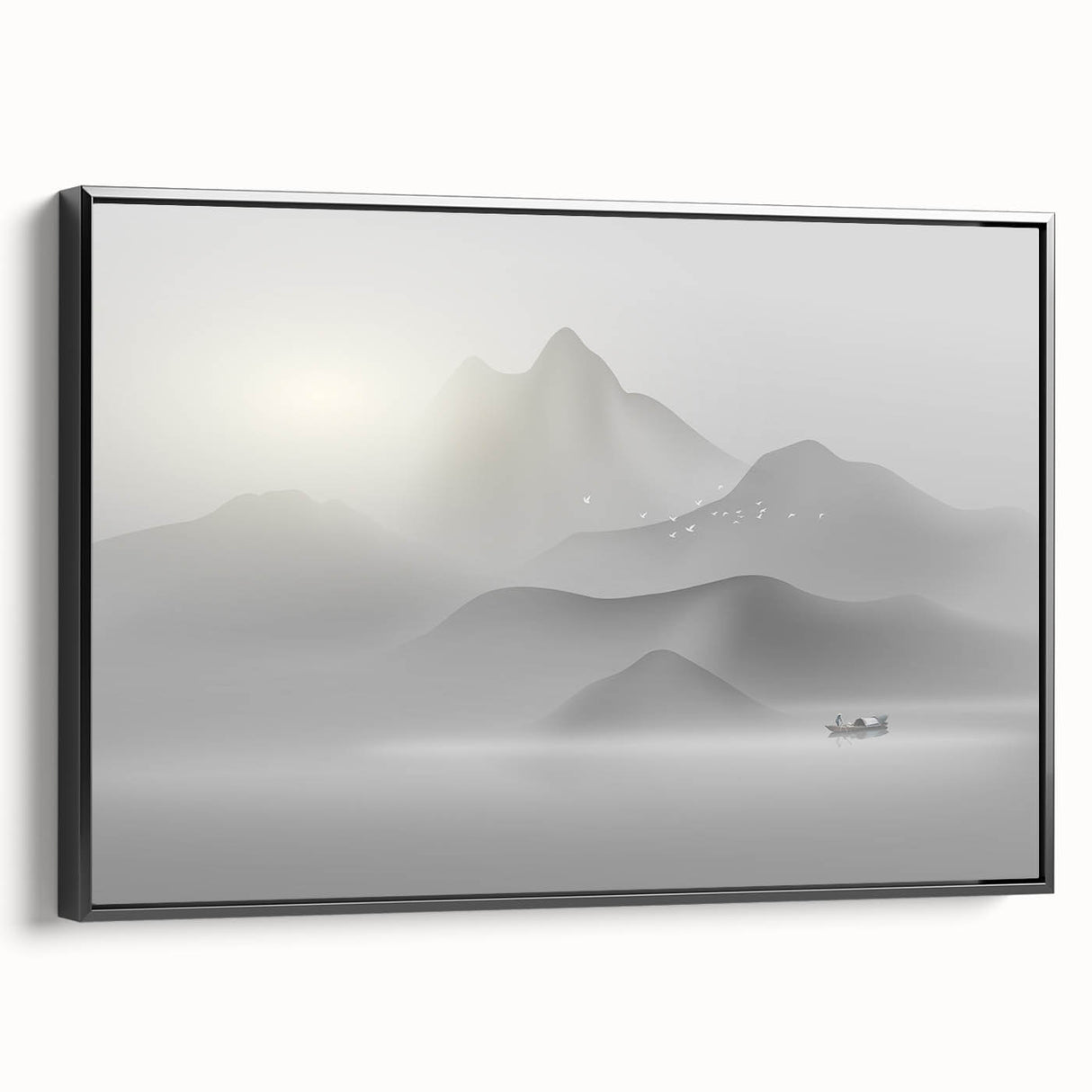 Framed wall art featuring abstract strokes and lines in black and white, showcasing modern design elements in a sleek profile view.
