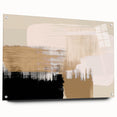 Acrylic glass wall art featuring an abstract design of colorful strokes and lines, displayed elegantly with pins on a modern wall setting.