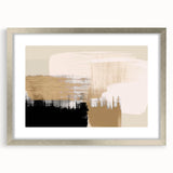 Abstract wall art featuring dynamic strokes and lines in muted colors, elegantly framed in silver with a mat, perfect for modern decor.