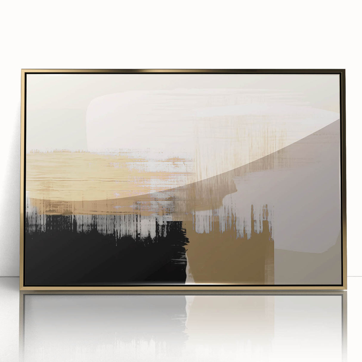 Framed abstract wall art featuring elegant gold strokes and lines on a white background, perfect for modern interior decor.