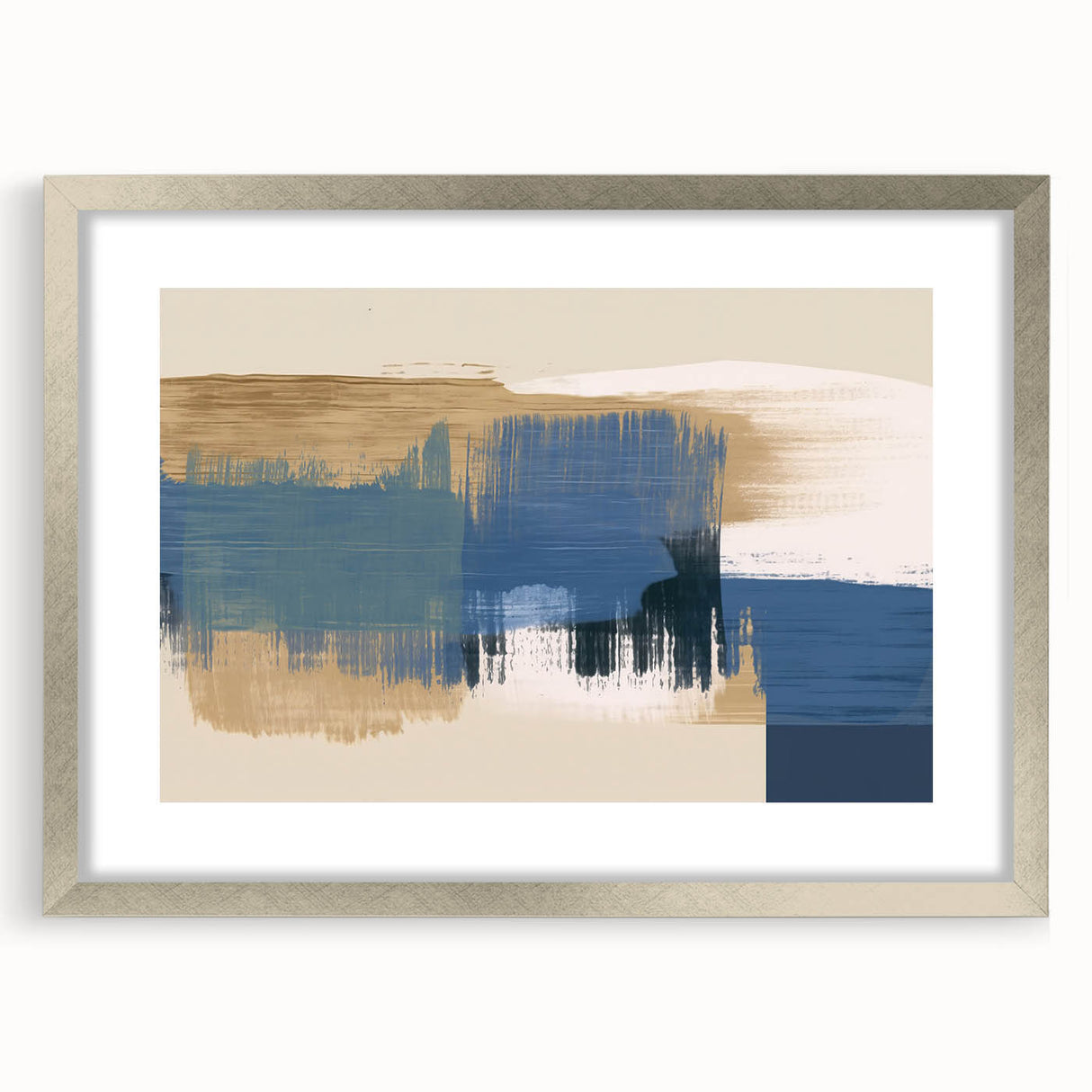 Framed abstract wall art featuring strokes and lines in silver and gray tones, showcasing a modern design with a sleek mat finish.
