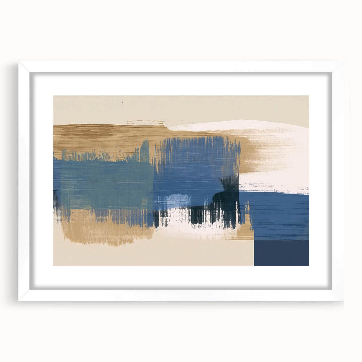 Framed wall art showcasing an abstract strokes and lines design in soothing pastel colors, complemented by a sleek white mat, ideal for modern decor.