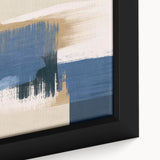 Close-up of a framed canvas wall art featuring an abstract design of colorful strokes and lines, showcasing vibrant hues and dynamic patterns.