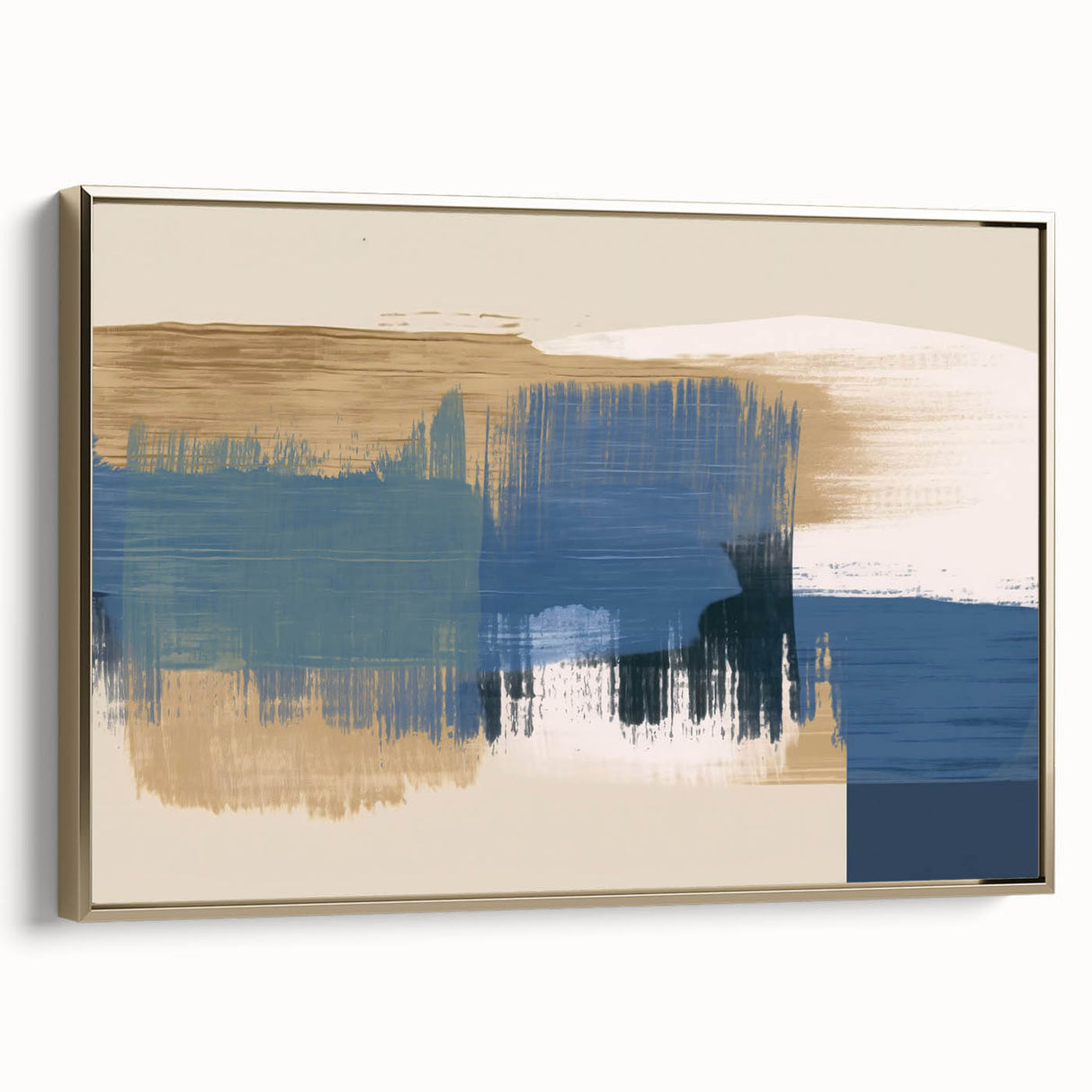 Framed canvas wall art showcasing an abstract design of gold strokes and lines, adding elegance and modern style to any decor.