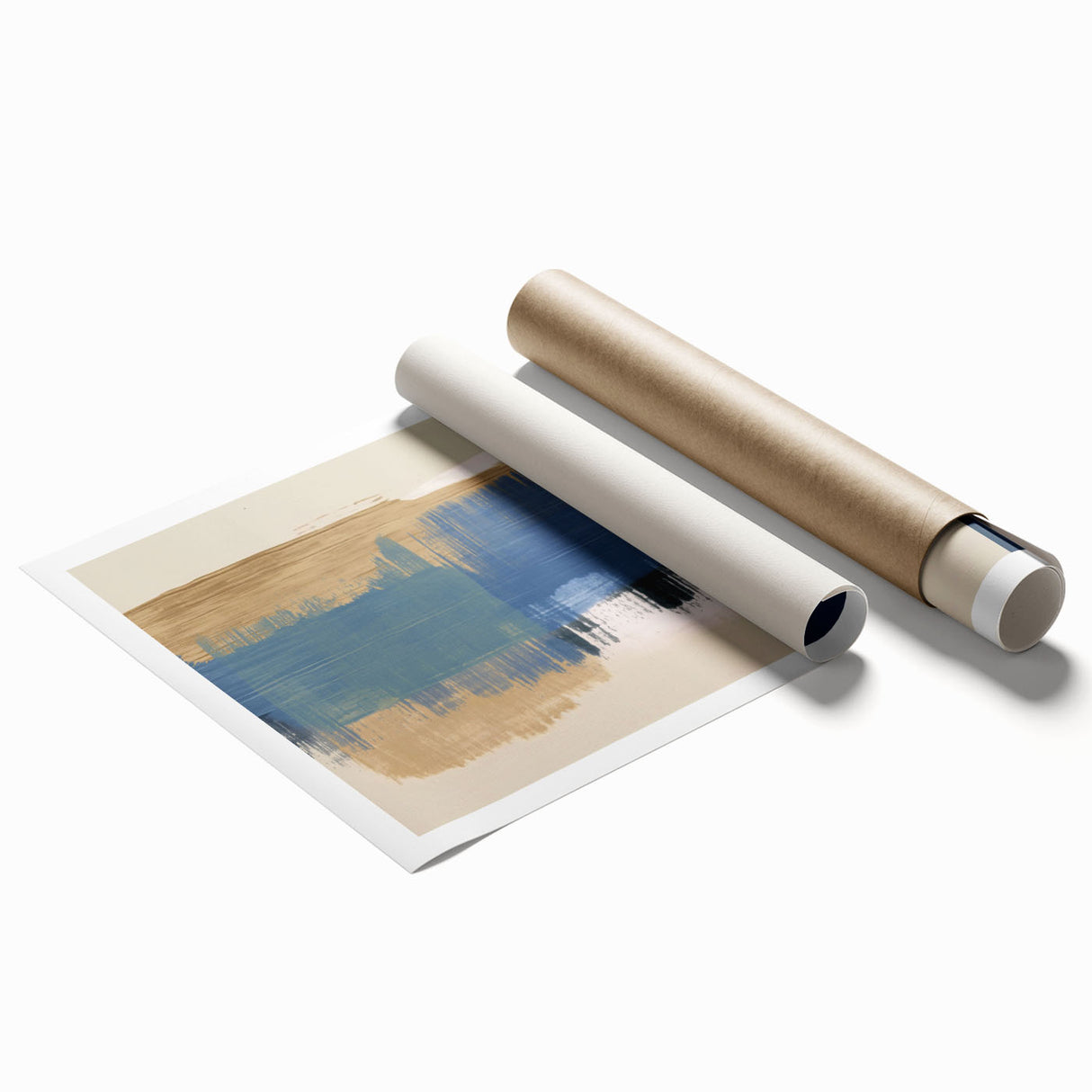 Abstract wall art print showcasing vibrant strokes and lines in shades of blue, orange, and yellow, perfect for modern home decor.