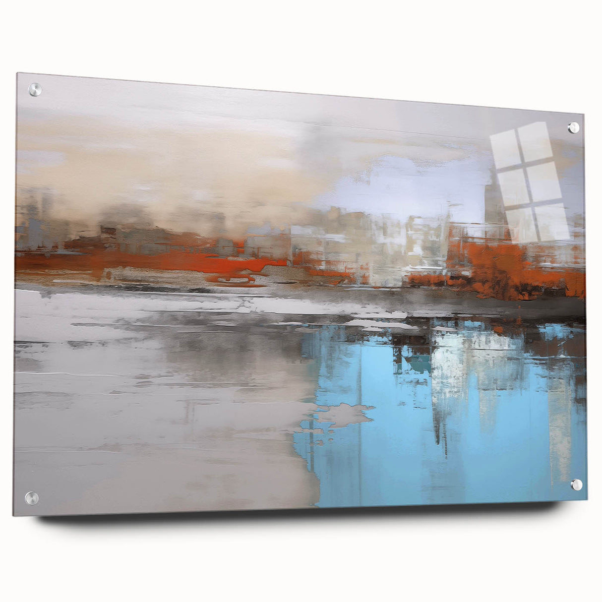 Abstract wall art featuring colorful strokes and lines, displayed in acrylic glass with pins for a modern, sophisticated look. Ideal for contemporary decor.