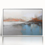 Framed wall art featuring an abstract design of colorful strokes and lines, set in a sleek white frame, perfect for modern decor.