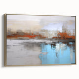 Framed wall art featuring an abstract design of gold strokes and lines on a textured canvas, showcasing modern elegance in home decor.