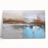 Abstract wall art featuring vibrant strokes and lines in shades of blue, green, and orange, printed on a stretched canvas, perfect for modern decor.