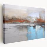 Vibrant abstract canvas art showcasing dynamic strokes and lines in shades of blue, orange, and yellow, perfect for modern home decor.