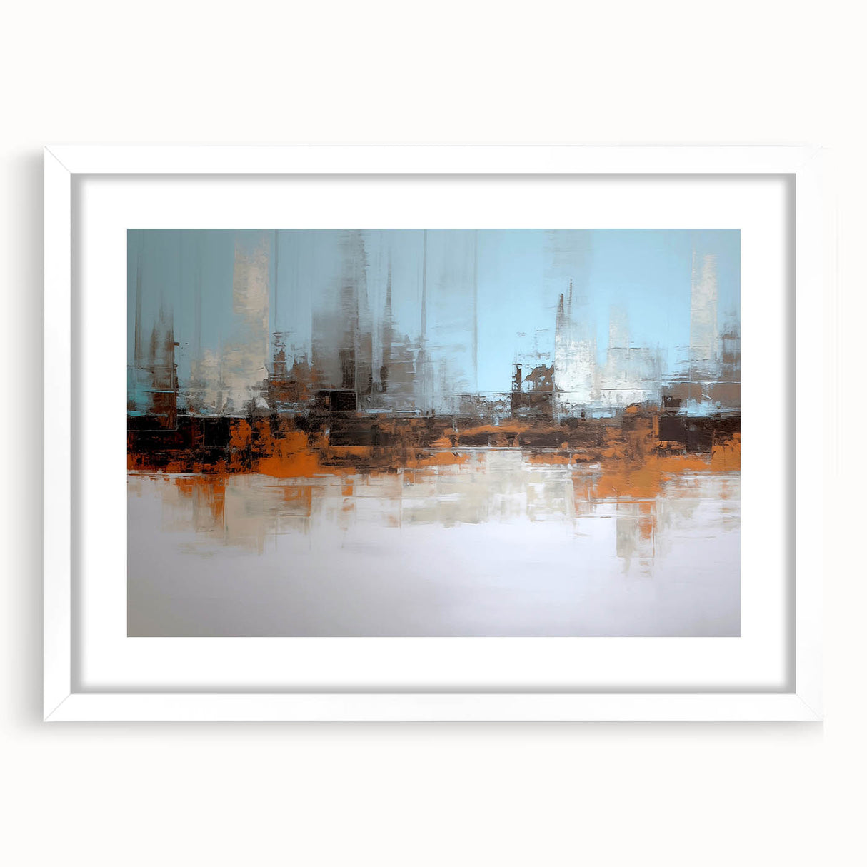 Framed abstract wall art featuring colorful strokes and lines, set in a sleek white mat and frame, ideal for modern home decor.