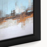 Close-up of abstract wall art featuring colorful strokes and lines on a textured canvas, framed for modern home decor enhancement.