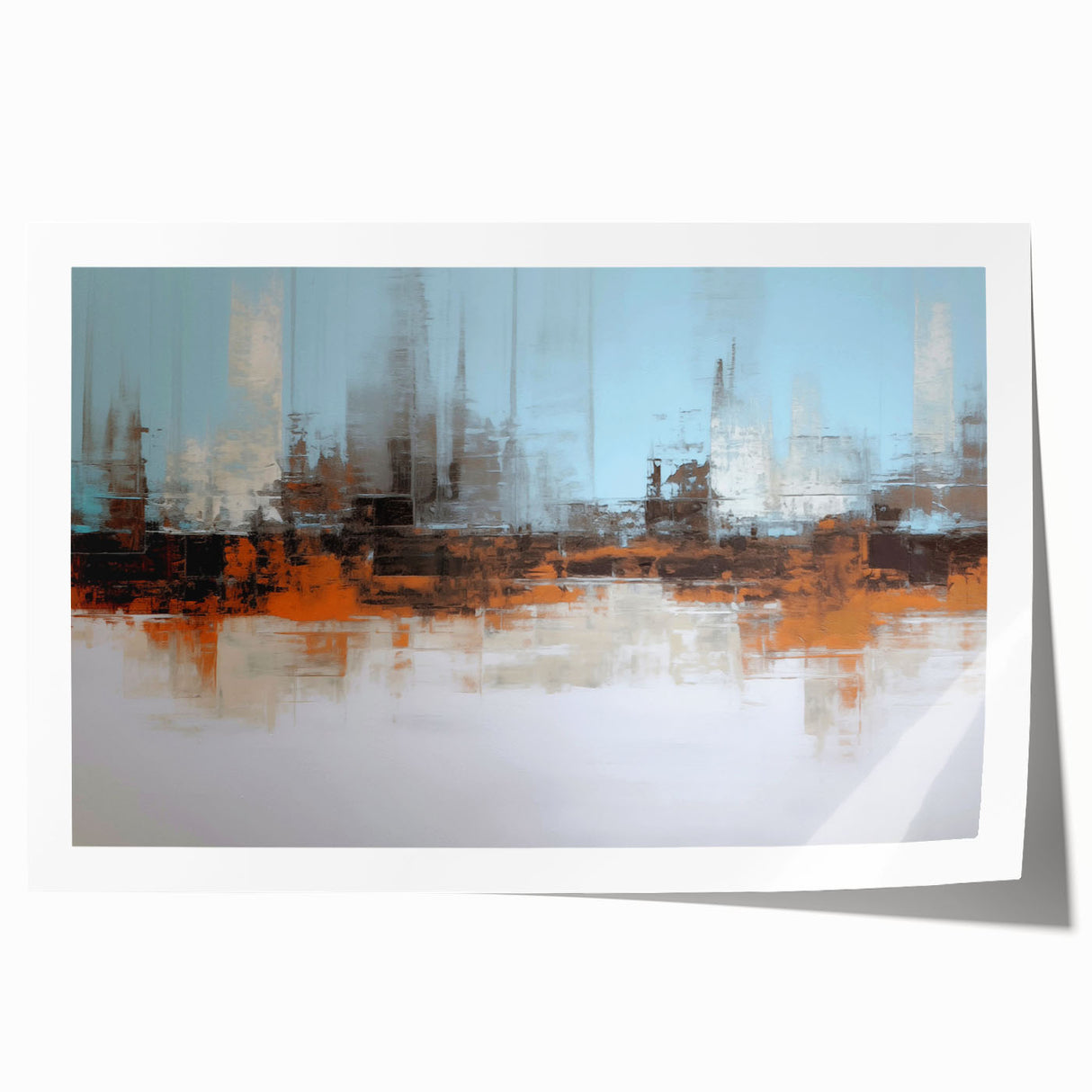 Abstract wall art print featuring colorful strokes and lines in vibrant hues of blue, orange, and yellow, ideal for modern home decor.
